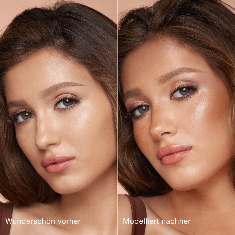 Side-by-side comparison of a person's face before and after makeup application. Left side labeled 'Beautiful before' shows natural features; right side labeled 'Sculpted after' shows enhanced contouring and highlighting for a more defined look.