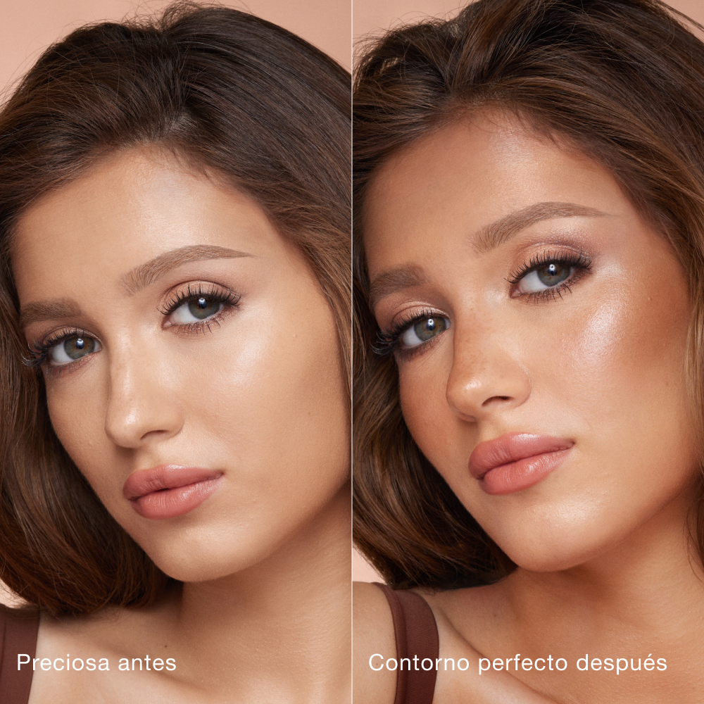 Side-by-side comparison of a person's face before and after makeup application. Left side labeled 'Beautiful before' shows natural features; right side labeled 'Sculpted after' shows enhanced contouring and highlighting for a more defined look.
