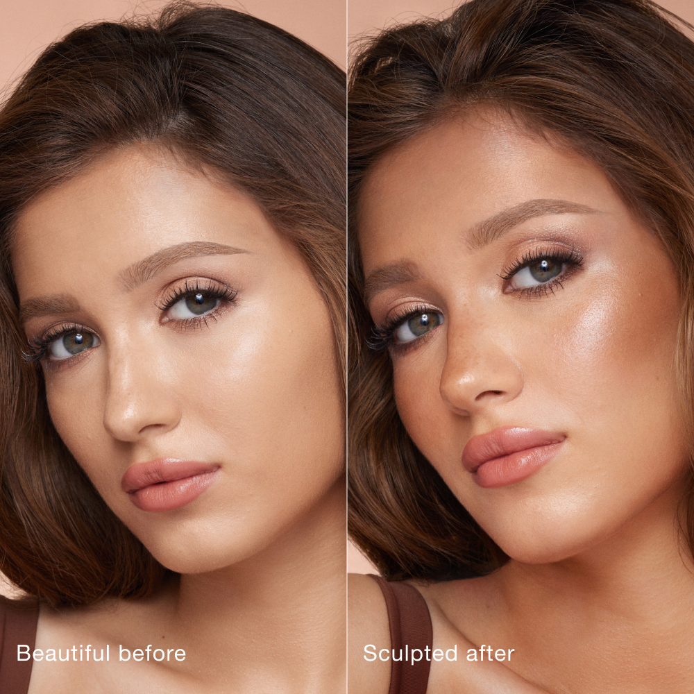 Side-by-side comparison of a person's face before and after makeup application. Left side labeled 'Beautiful before' shows natural features; right side labeled 'Sculpted after' shows enhanced contouring and highlighting for a more defined look.