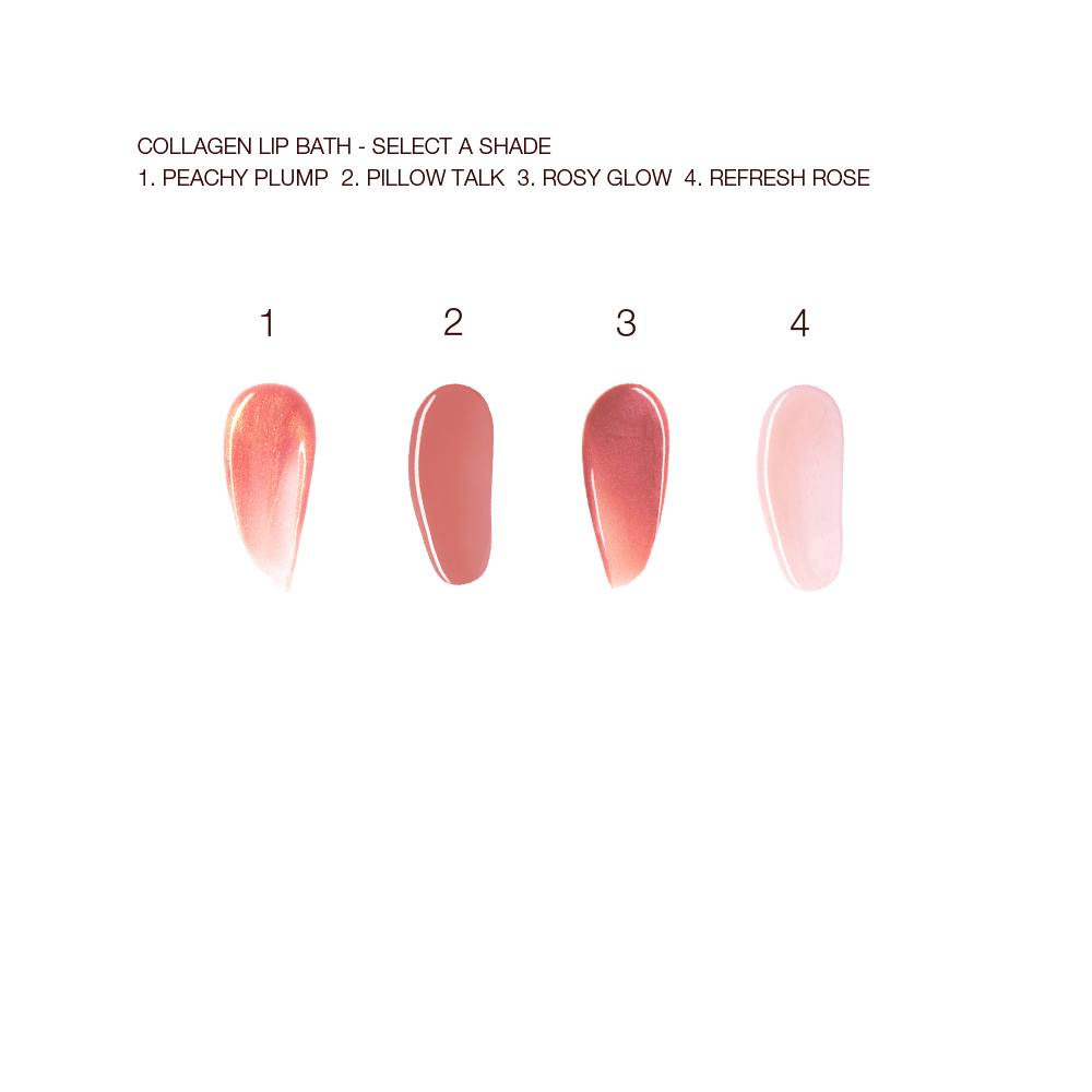 Swatches of four creamy lip glosses with high shine in sheer pink, rose gold, berry pink, and nude pink.