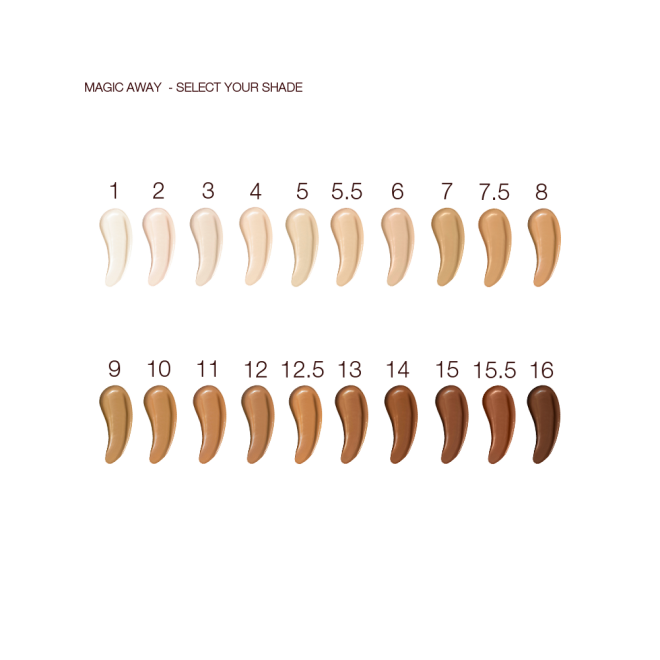 Swatches of sixteen twenty liquid concealers in shades ranging from ivory, cream, beige, peach, light brown, medium brown, and dark brown for fair, light, medium-light, medium, medium-deep, and deep skin tones. 