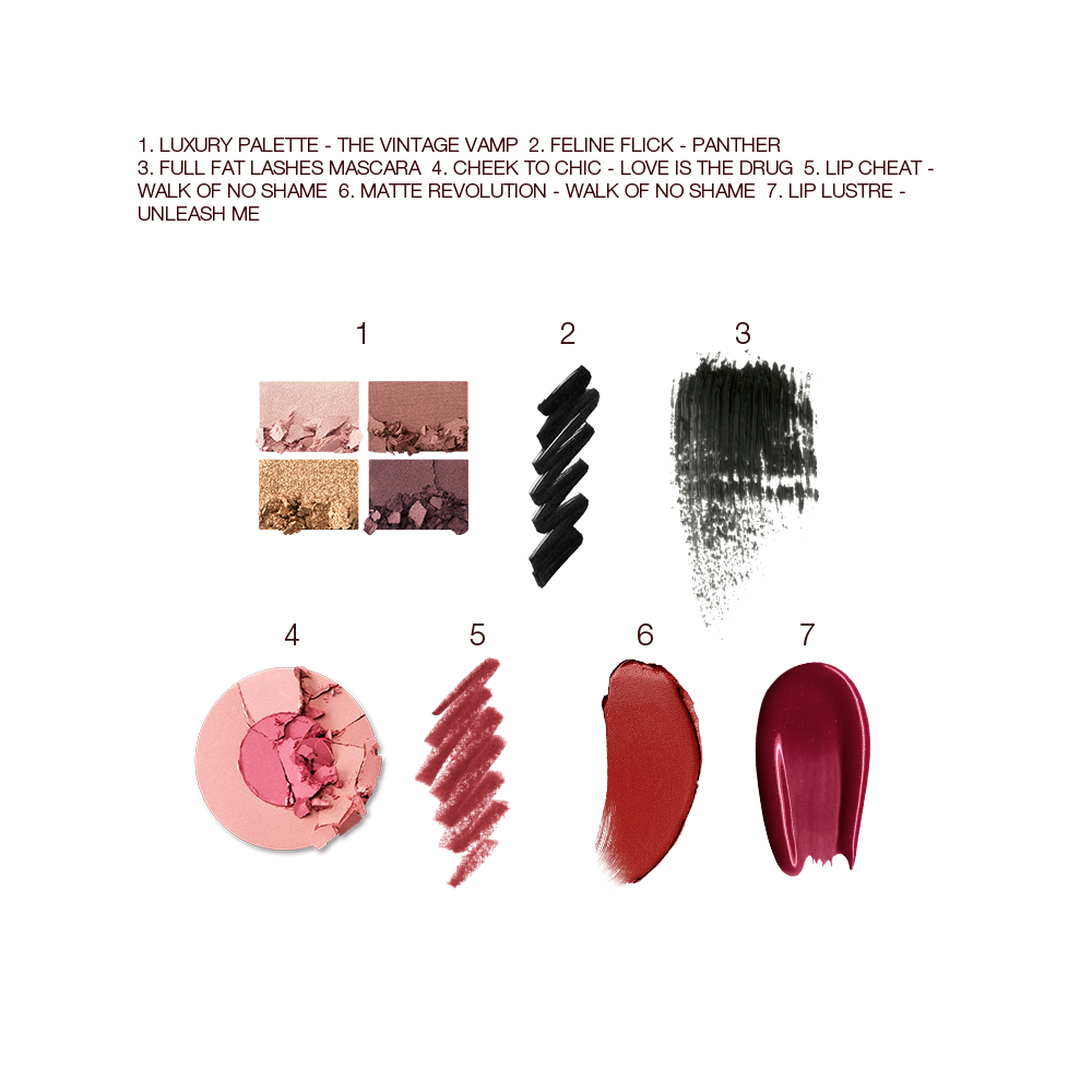Swatches of a quad eyeshadow palette in shades of brown and gold, brown eyeliner, black mascara, two-tone blush in bright pink and rose gold, lip liner in nude red, lipstick in reddish brown, and lip gloss in magenta. 