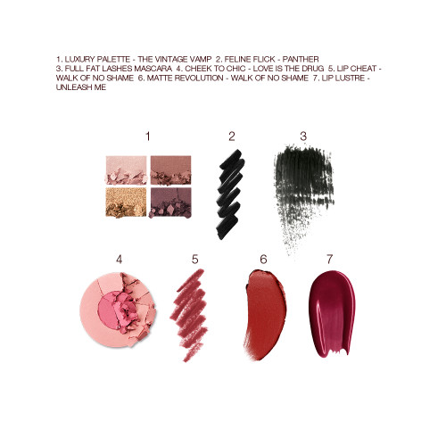 Swatches of a quad eyeshadow palette in shades of brown and gold, brown eyeliner, black mascara, two-tone blush in bright pink and rose gold, lip liner in nude red, lipstick in reddish brown, and lip gloss in magenta. 