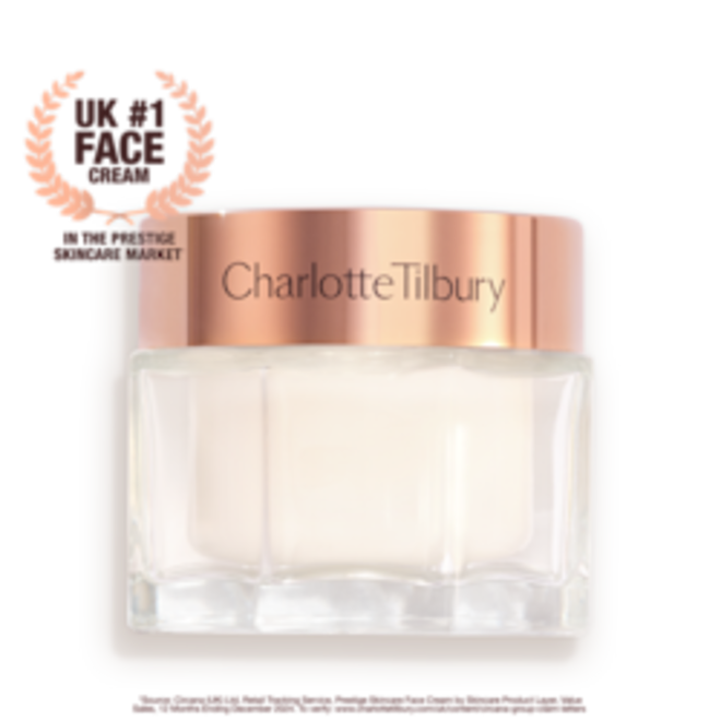 MC-50ml-NO1MC-PDP Pearly-white face cream in a glass jar with a gold-coloured lid with text on it, 'Charlotte's magic cream'.