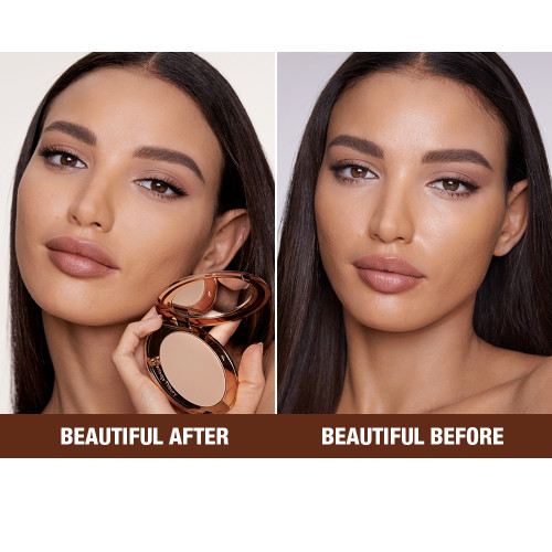 Before and after of a medium-tone brunette model with nude makeup and shiny skin before and matte, glowing skin after, after using a pressed powder in medium shade.