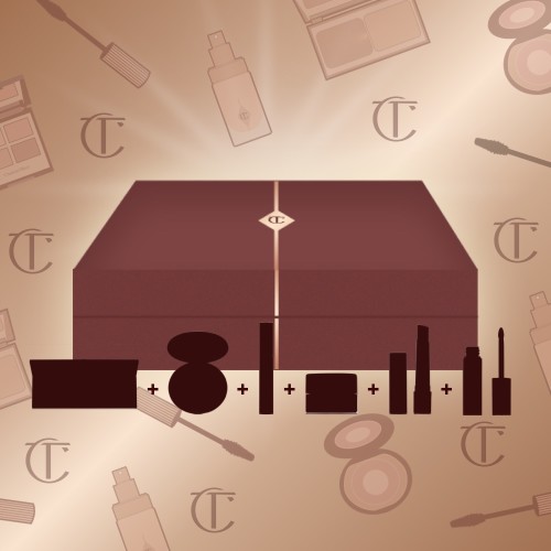 Banner with a brown-red-coloured gift box with illustrations of six skincare and makeup mystery items that are included in it.