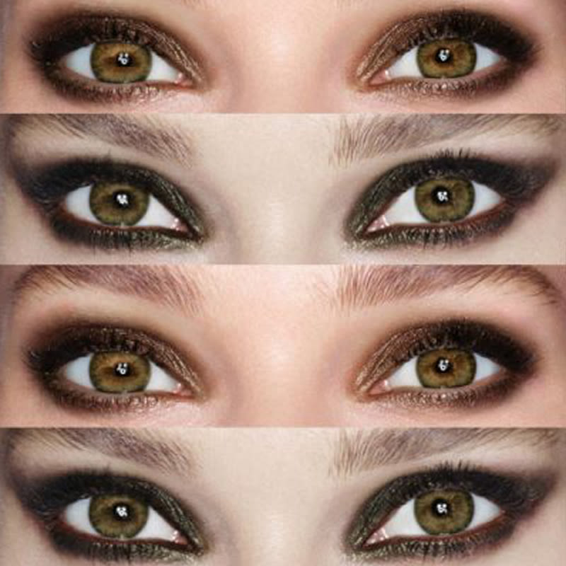 4 looks de sombra de ojos en una modelo de ojos color avellana utilizando los mejores colores de sombra de ojos color avellana