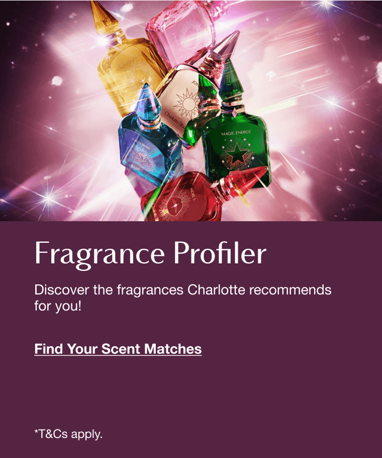 A promotional image for a Fragrance Profiler featuring colorful perfume bottles and text inviting users to discover recommended fragrances and find their scent matches.