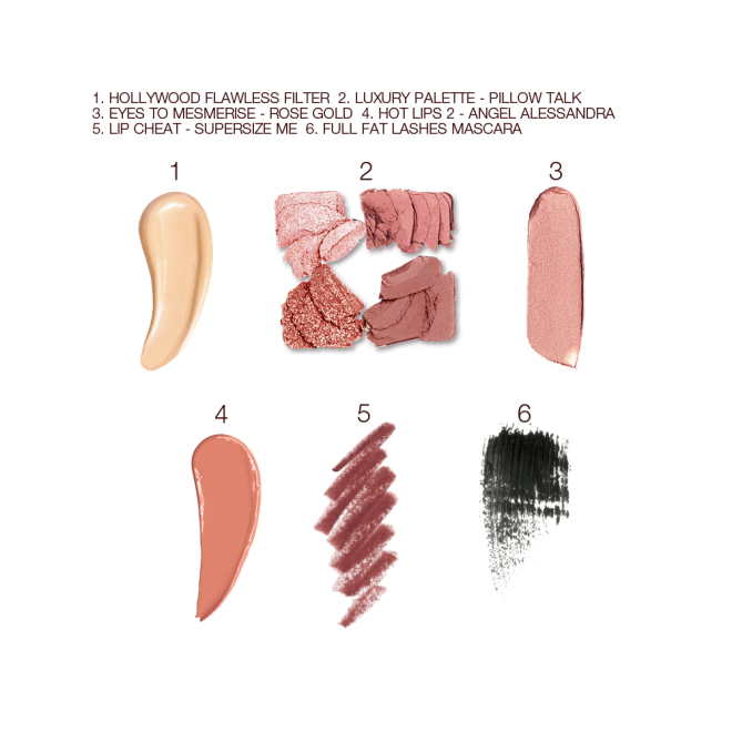 Swatches of a light golden-coloured liquid highlighter, four matte and shimmery eyeshadows in earthy tones, cream eyeshadow in rose gold, a satin-finish lipstick in brown-peach, lip liner pencil in berry-brown, and black mascara. 