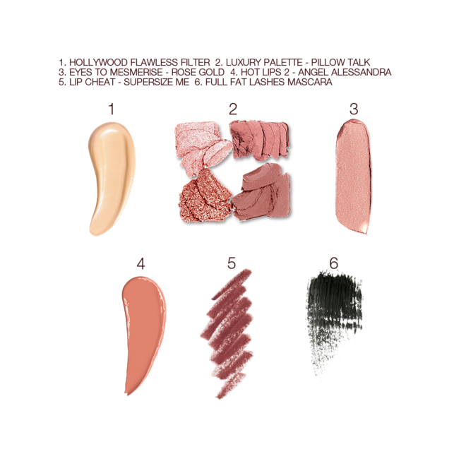 Sofia Tilbury Kit 2 swatches Swatches of a light golden-coloured liquid highlighter, four matte and shimmery eyeshadows in earthy tones, cream eyeshadow in rose gold, a satin-finish lipstick in brown-peach, lip liner pencil in berry-brown, and black mascara.