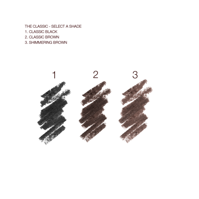 Swatches of three eyeliner pencils in shades of black, black-brown, and dark brown. 