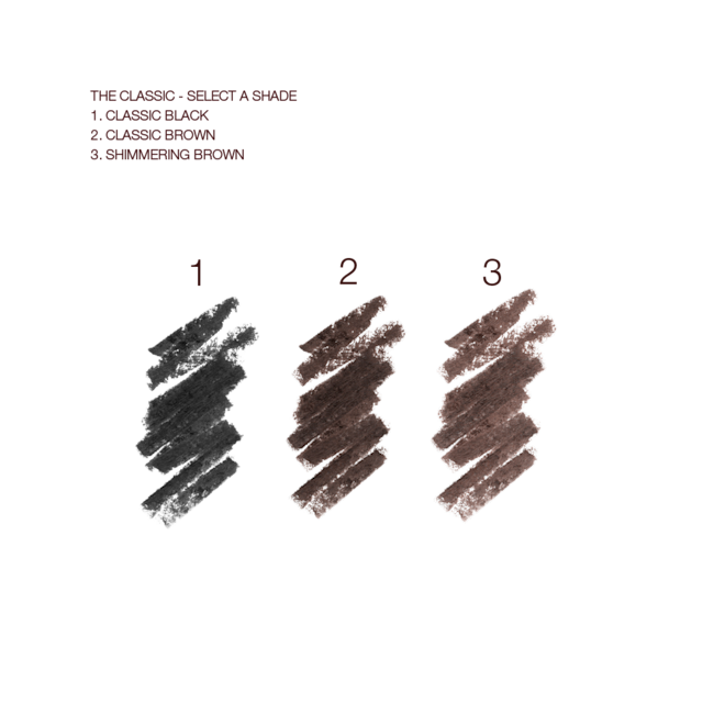 The Classic Eyeliner swatches Swatches of three eyeliner pencils in shades of black, black-brown, and dark brown.