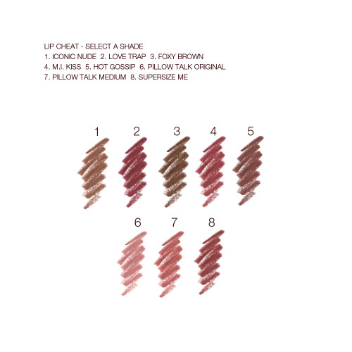 Swatches of eight lip liner pencils in shades of brown, red, pink, purple, and peach. 