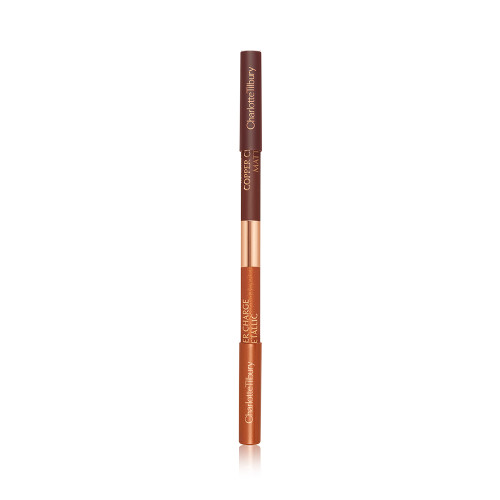 A closed, double-sided eyeliner pen with half of the outside a copper colour and the other half a warm rust. 