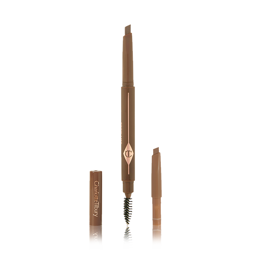 A double-ended eyebrow pencil and spoolie brush duo in a soft brown shade with soft-brown-coloured packaging and the refill besides it.