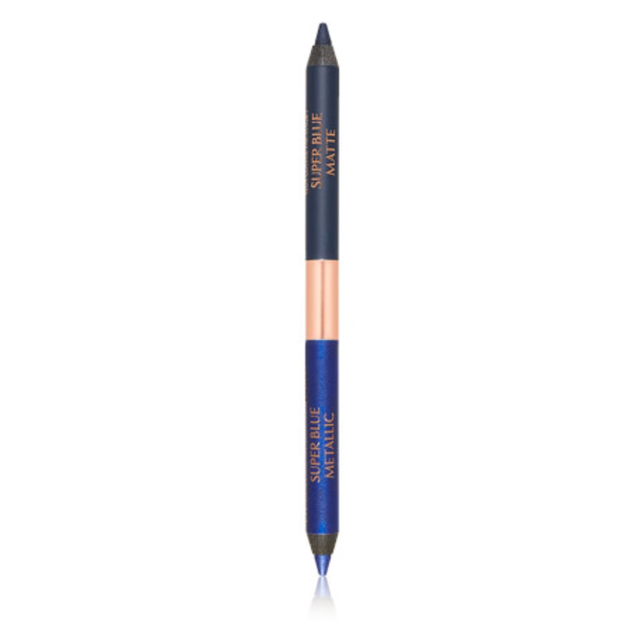 An open, double-ended metallic and matte eyeliner in teal and sapphire blue.