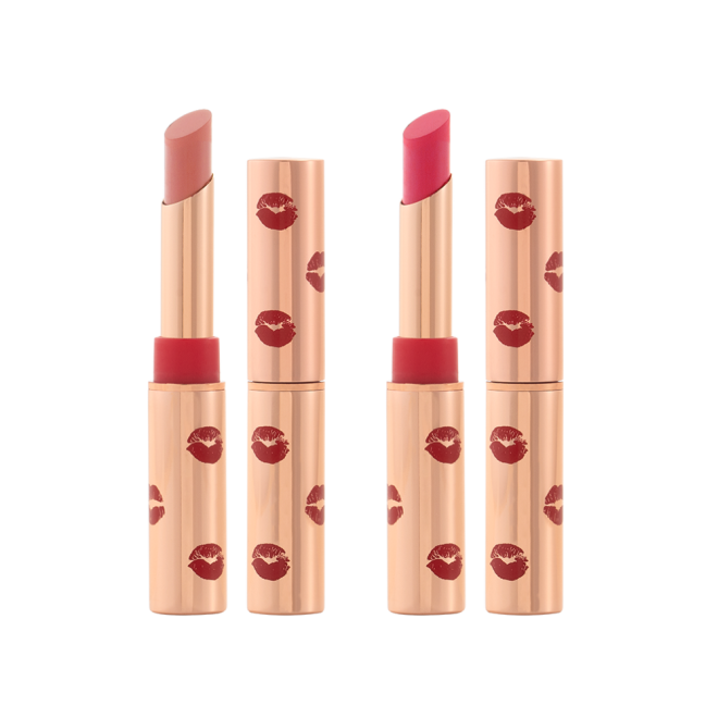 Four matte lipsticks, two with lid and two without lids, in nude peach shade and soft pinkish red shade.