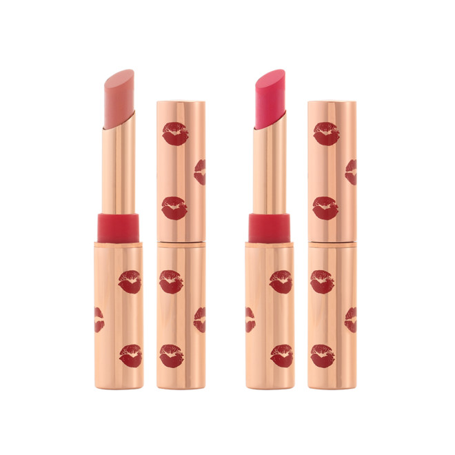 Four matte lipsticks, two with lid and two without lids, in nude peach shade and soft pinkish red shade.