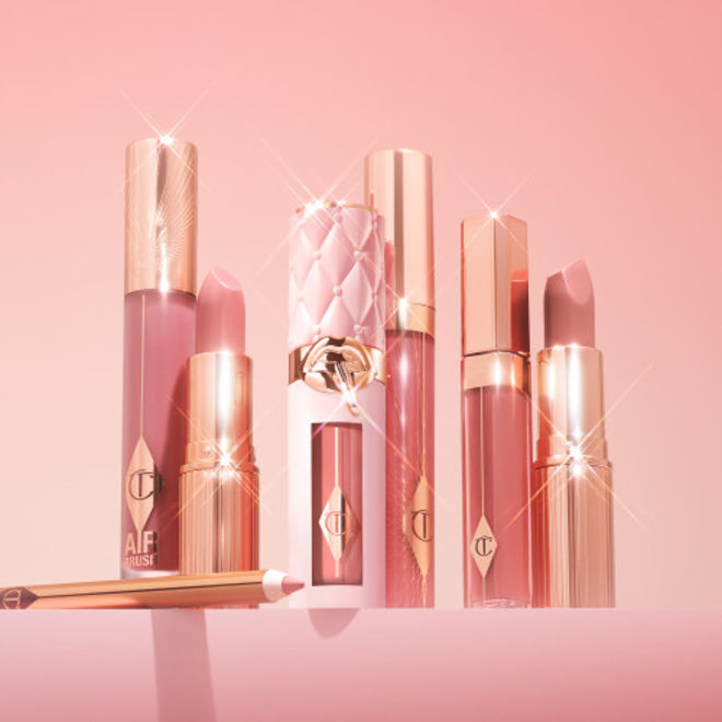 New Pillow Talk still life Pillow Talk collection including new shades of Collagen Lip Bath, Lip Cheat and Kissing Lipstick