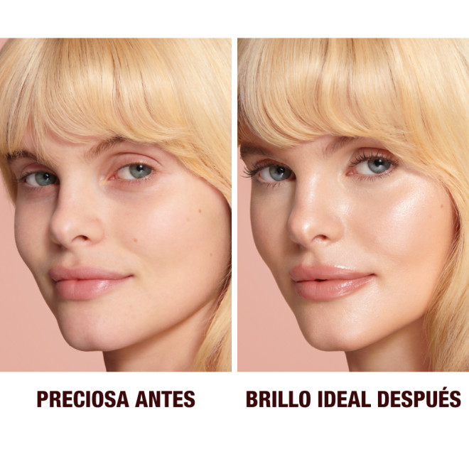 Close-up of a before and after of a light-medium-tone model wearing smokey brown eye makeup with a  glow-boosting primer that blurs her pores and makes skin look flawless. 
