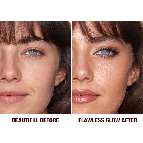 Close-up of a before and after of a light-medium-tone model wearing smokey brown eye makeup with a  glow-boosting primer that blurs her pores and makes skin look flawless. 