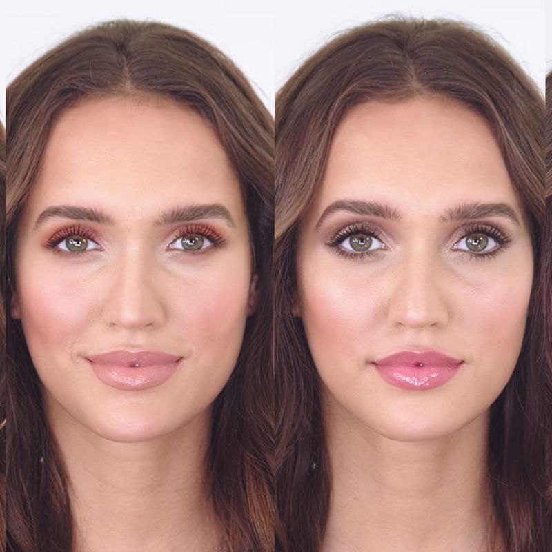 A light-tone model with green eyes sporting two different makeup looks, one a soft brown eye look with nude lipstick and the other a smokey fawn eye look with warm pink lip gloss. 