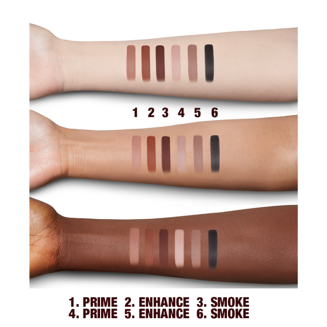 Fair, tan, and deep-tone arms with swatches of six nude matte eyeshadows in shades of brown, pink, and black. 