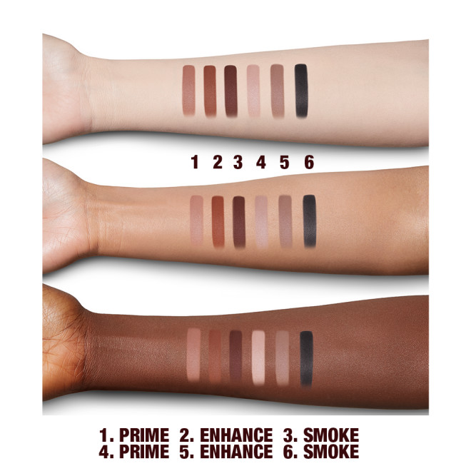 Fair, tan, and deep-tone arms with swatches of six nude matte eyeshadows in shades of brown, pink, and black. 