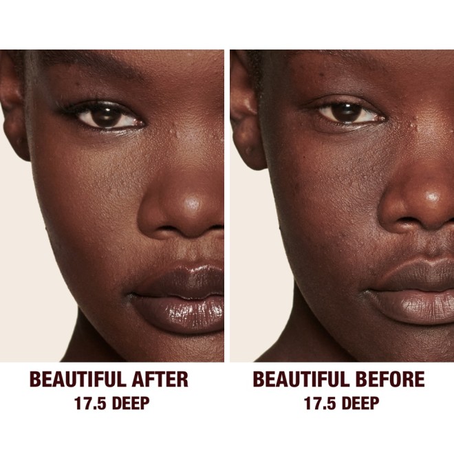 Before and after of a deep-tone model without any makeup in the before shot and then wearing a radiant, concealer that brightens, covers blemishes, and makes her skin look fresh along with nude lip gloss and subtle eye makeup.