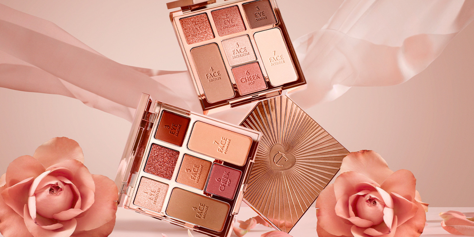 Two, open face palettes for fair to medium and medium to deep-tones with three eyeshadows, two blushes, and contour powders.