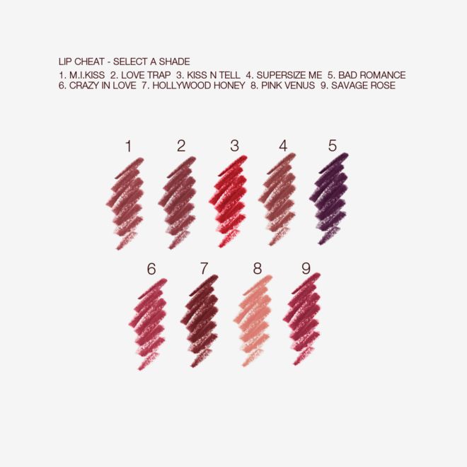 Lip Cheat swatches Swatches of nine lip liner pencils in shades of brown, purple, pink, peach, red, taupe, and brown.