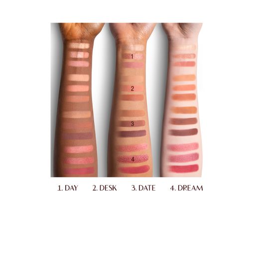 Fair, tan, and deep tone arms with twelve eyeshadows swatched on them, in shades of pink, peach, brown, and champagne. 