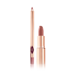 An open lip liner pencil in a muted pink colour with an open matte lipstick in a medium-pink shade.