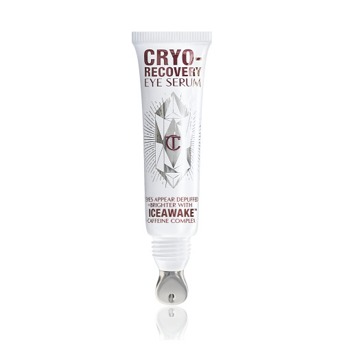 An open, white-coloured eye serum tube with silver-colour geometric patterns on the front and text written on it that reads, 'eye appear depuffed and brighter with Iceawake, caffeine complex'