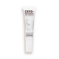 An open, white-coloured eye serum tube with silver-colour geometric patterns on the front and text written on it that reads, 'eye appear depuffed and brighter with Iceawake, caffeine complex'