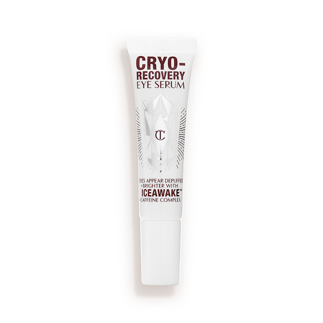 Cryo-Recovery Eye Serum open An open, white-coloured eye serum tube with silver-colour geometric patterns on the front and text written on it that reads, 'eye appear depuffed and brighter with Iceawake, caffeine complex'