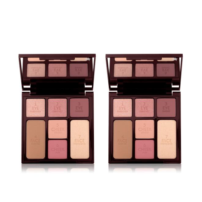 Two, open face palettes with mirrored-lids with three rose gold, dusky pink, and plum-coloured eyeshadows, two blushes in soft peach and medium-pink, light brown bronzer, and soft, gold-coloured highlighter.
