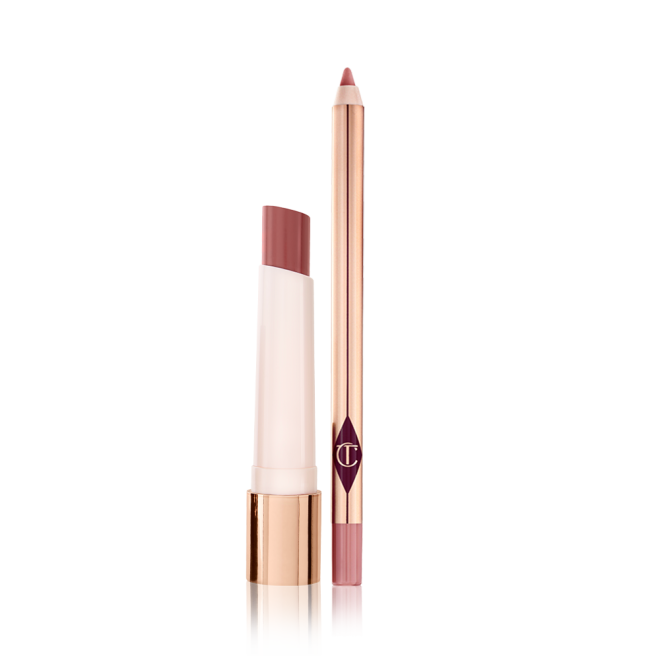 An open, moisturising lipstick lip balm in a nude pink shade with an open lip liner pencil in nude pink.