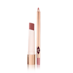 An open, moisturising lipstick lip balm in a nude pink shade with an open lip liner pencil in nude pink.