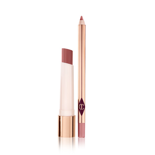 An open, moisturising lipstick lip balm in a nude pink shade with an open lip liner pencil in nude pink.