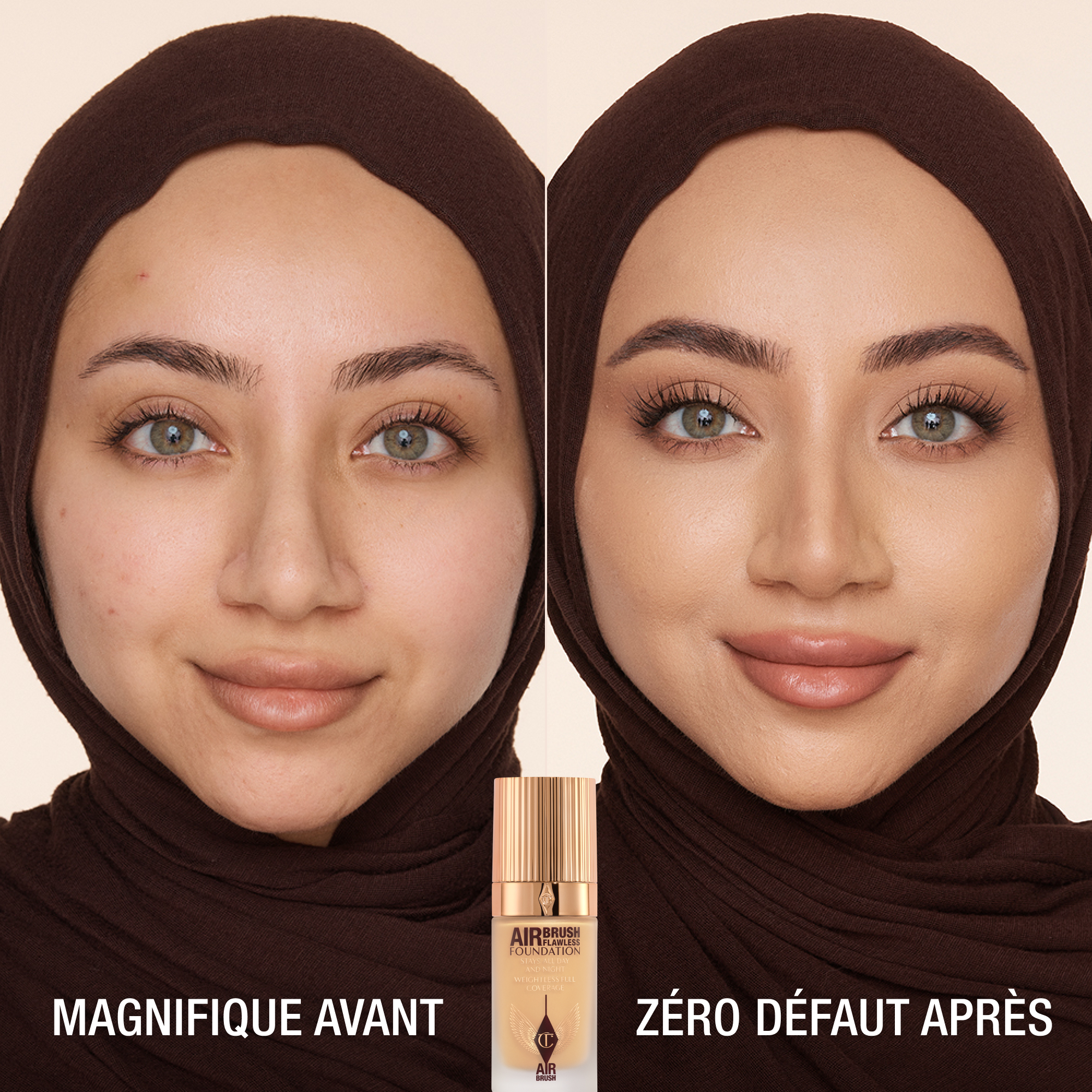 AIRBRUSH FLAWLESS FOUNDATION AVANT ET APRÈS teinte 6 Warm (Chaud)