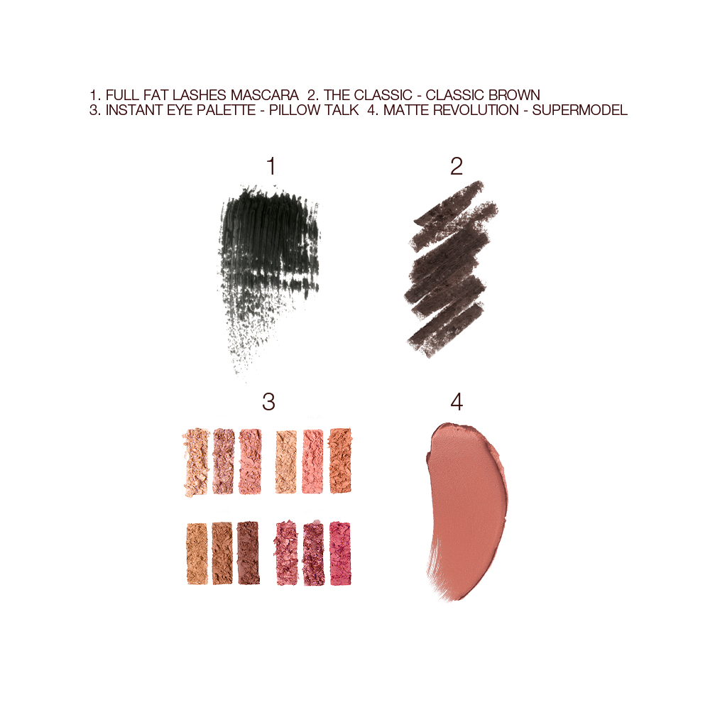 Swatches of black mascara, brown eyeliner pencil, twelve eyeshadows in shades of pink, peach, gold, and brown, and lipstick in terracotta colour. 