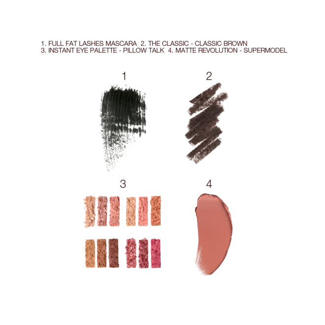 Swatches of black mascara, brown eyeliner pencil, twelve eyeshadows in shades of pink, peach, gold, and brown, and lipstick in terracotta colour. 