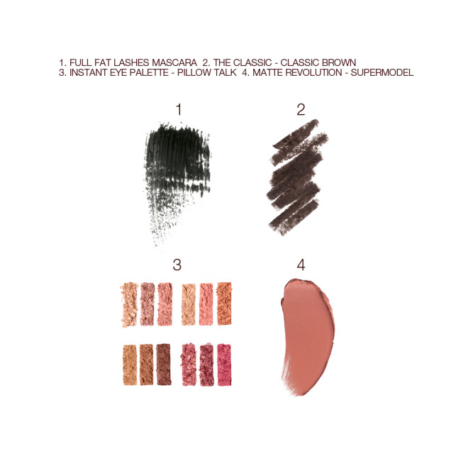 Swatches of black mascara, brown eyeliner pencil, twelve eyeshadows in shades of pink, peach, gold, and brown, and lipstick in terracotta colour. 