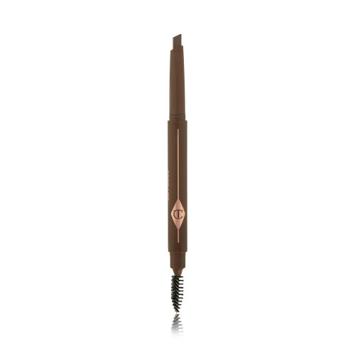 An open, double-ended eyebrow pencil and spoolie brush duo in a natural brown shade with natural-brown-coloured packaging 