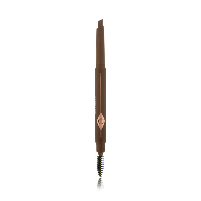 Brow Lift in Natural Brown open An open, double-ended eyebrow pencil and spoolie brush duo in a natural brown shade with natural-brown-coloured packaging