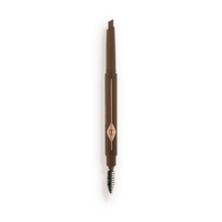 An open, double-ended eyebrow pencil and spoolie brush duo in a natural brown shade with natural-brown-coloured packaging 