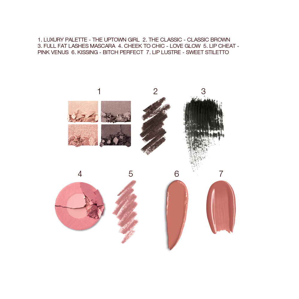 Swatches of a quad eyeshadow palette in shades of silver, grey, and gold, black eyeliner, black mascara, two-tone blush in warm pink and rose gold, lip liner in nude pink, lipstick in medium brown, and lip gloss in nude pink. 