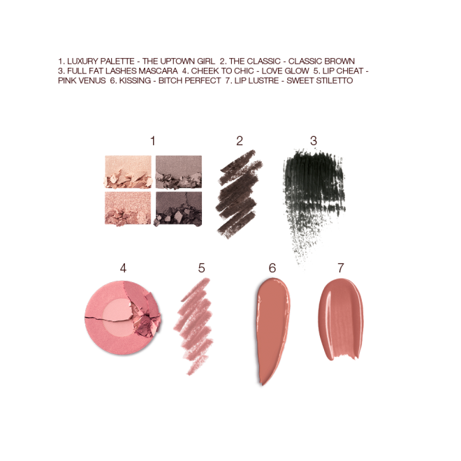 Swatches of a quad eyeshadow palette in shades of silver, grey, and gold, black eyeliner, black mascara, two-tone blush in warm pink and rose gold, lip liner in nude pink, lipstick in medium brown, and lip gloss in nude pink. 