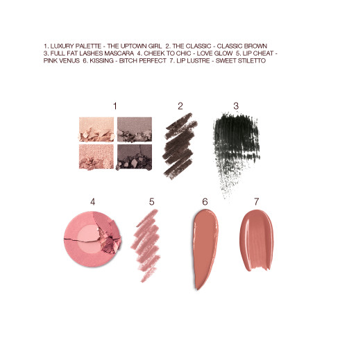 Swatches of a quad eyeshadow palette in shades of silver, grey, and gold, black eyeliner, black mascara, two-tone blush in warm pink and rose gold, lip liner in nude pink, lipstick in medium brown, and lip gloss in nude pink. 